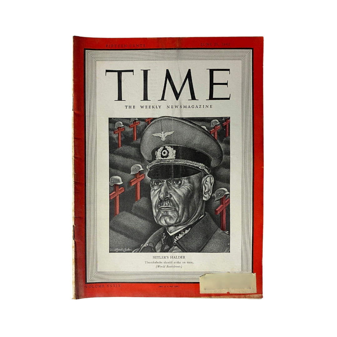 Vintage Time Magazine cover from June 29, 1942 featuring Hitler's Halder, depicting military themes and historical context.