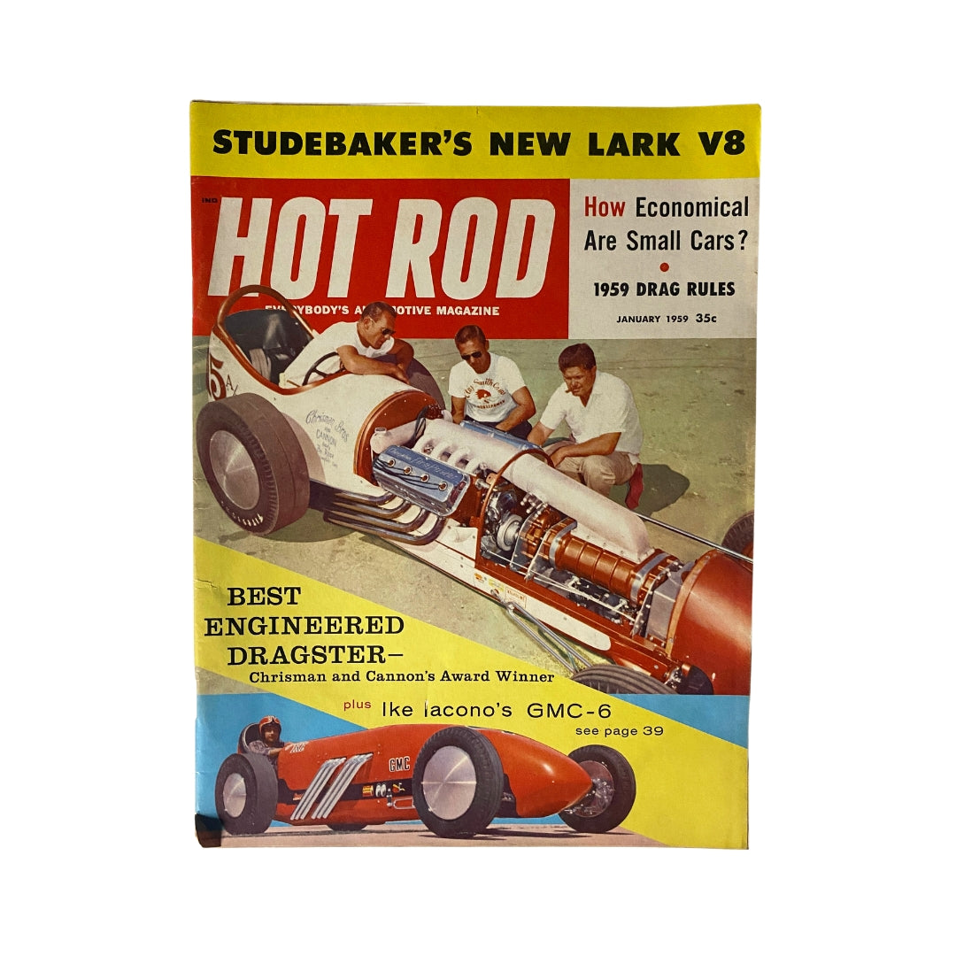 Cover of VTG Hot Rod Magazine January 1959 featuring the Best Engineered Dragster, highlighting Chrismans and Cannons Award Winner with an overview of drag racing content.