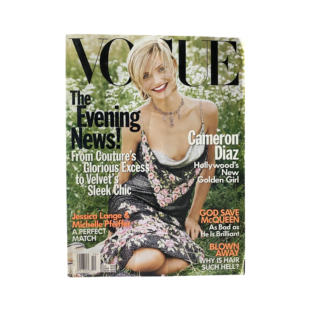 Vogue Magazine October 1997 with Cameron Diaz on the cover, featuring floral design, headlines on fashion, and beauty events.