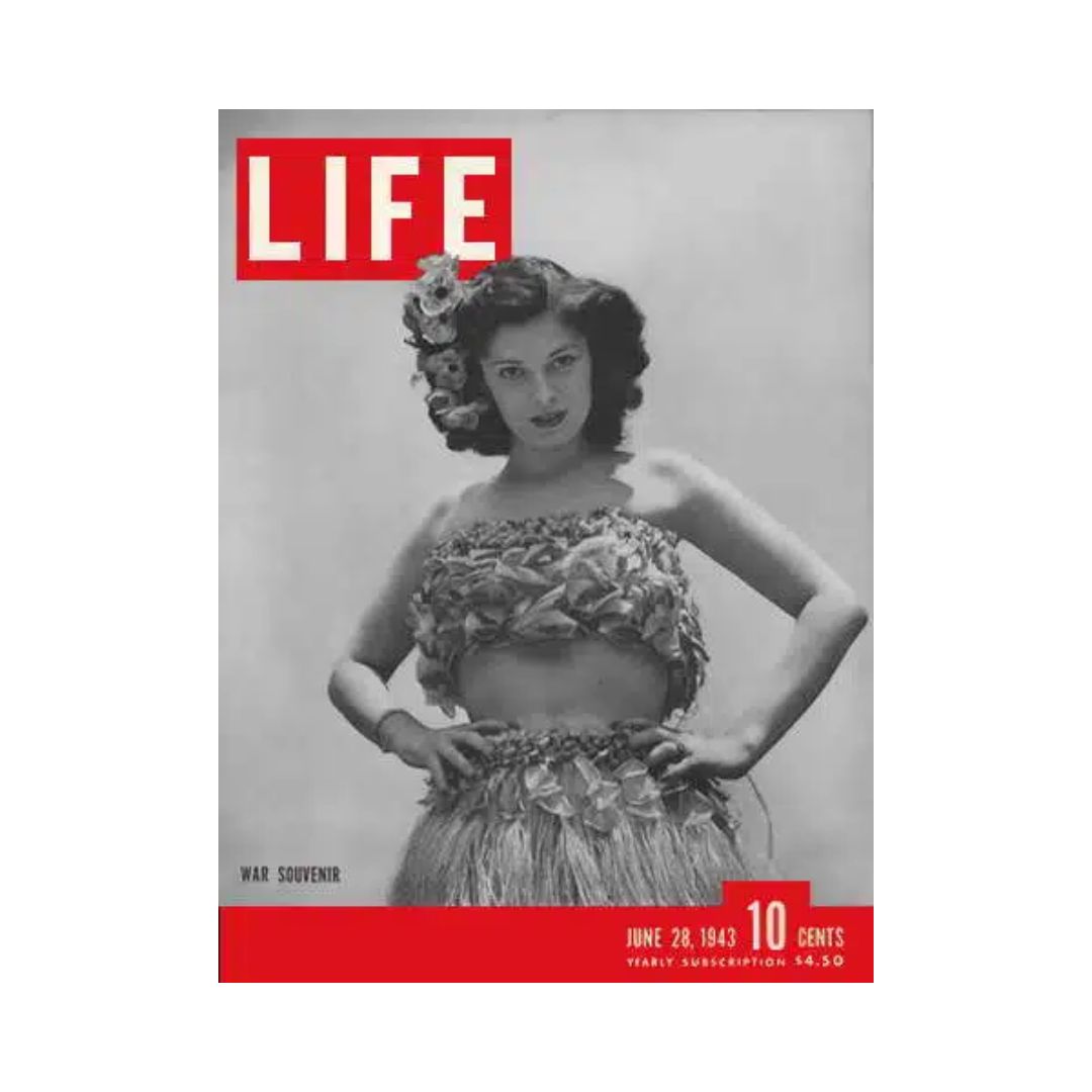 Cover of VTG Life Magazine from June 28, 1943 featuring Sybil Myersburg as a War Souvenir edition, showcasing a vintage style with floral accents and a historic design.