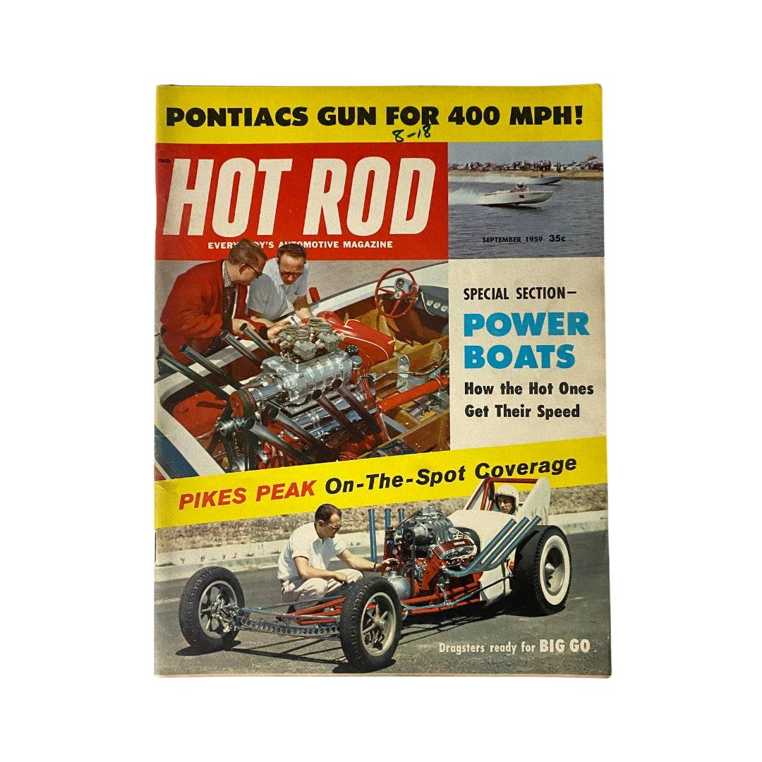 Vintage Hot Rod Magazine cover from September 1959 featuring Pikes Peak On-The-Spot Coverage and articles about racing, Pontiacs aiming for 400 MPH, and special section on power boats.