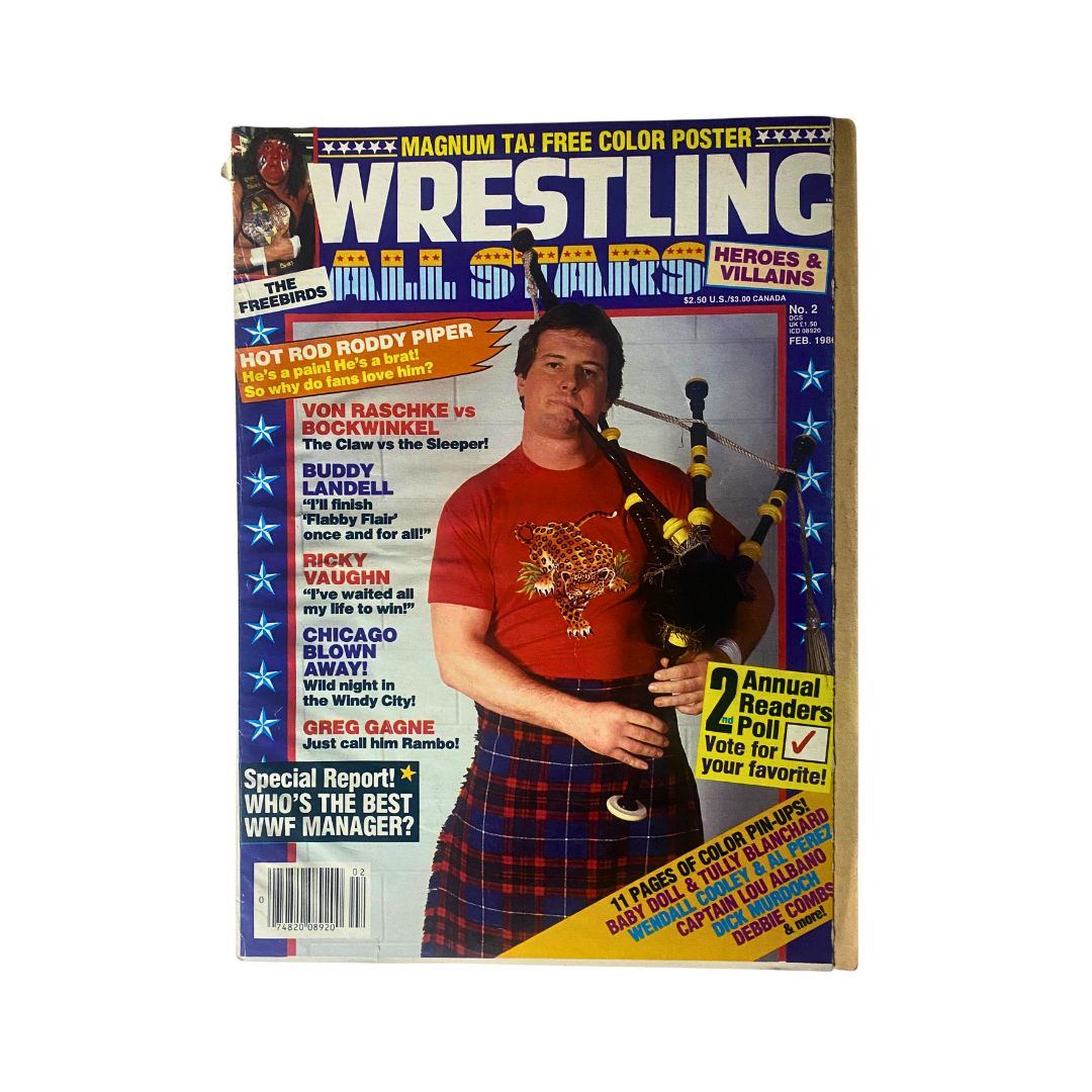 Cover of the Vintage Wrestling All Stars Heroes & Villains magazine from February 1986 featuring Roddy Piper, showcasing wrestling themes and nostalgia from the 1980s.