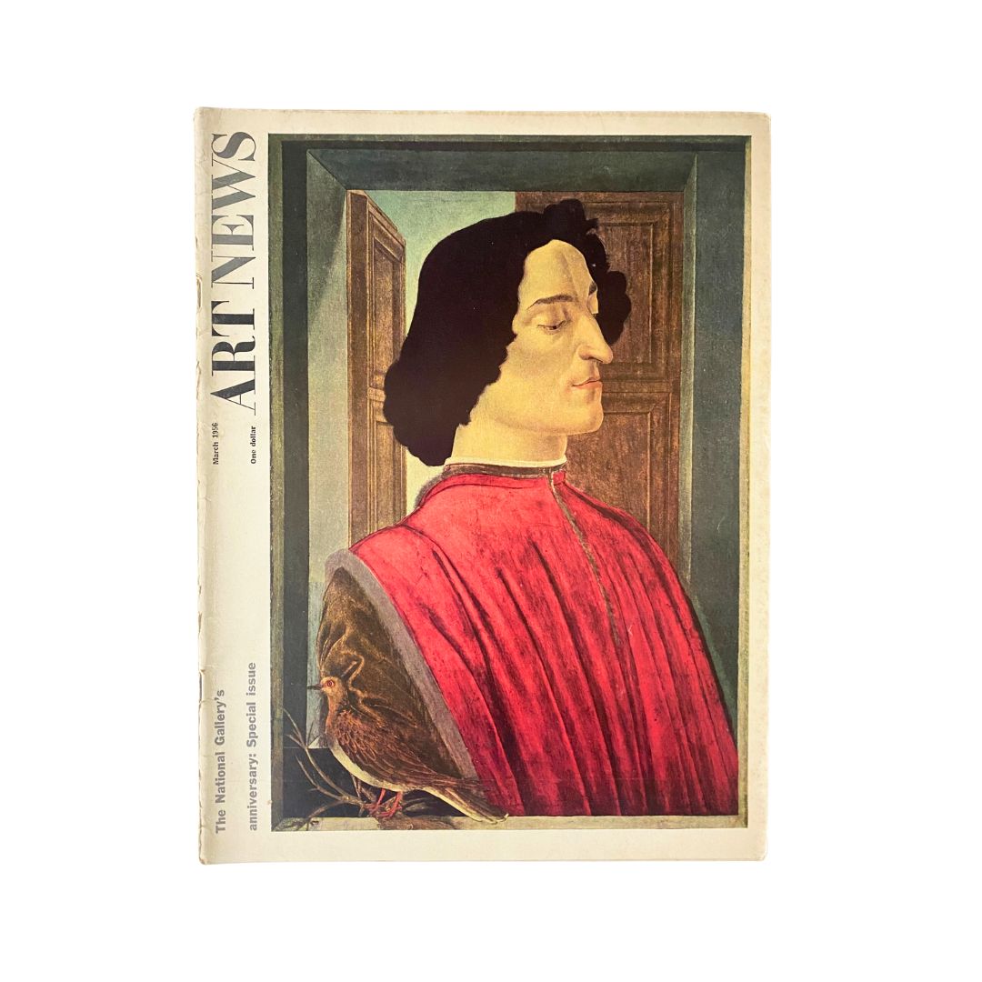 Cover of VTG Art News Magazine March 1956 featuring Botticelli’s Giuliano de’ Medici, showcasing a detailed portrait of a man in a red garment, capturing the essence of Renaissance art.