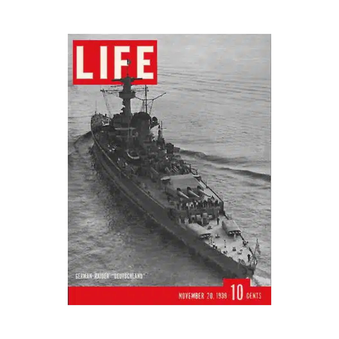 Vintage Life Magazine Cover from November 20, 1939 featuring the German Nazi Battleship Deutschland, highlighting a pivotal moment in history.