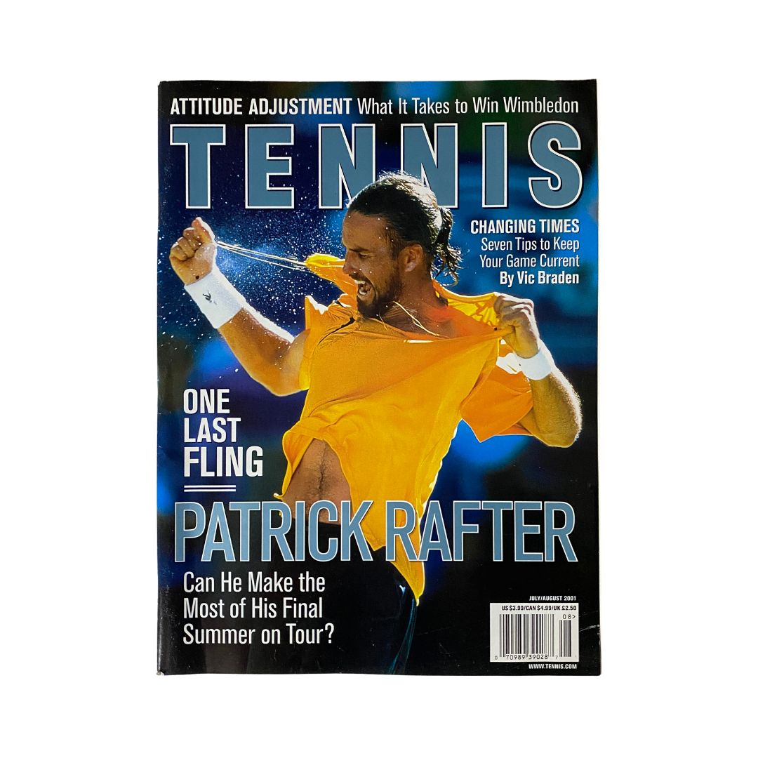 Cover of Tennis Magazine July August 2001 featuring Patrick Rafter celebrating with a tennis racket, highlighting tips for winning Wimbledon and discussing his final summer on tour.