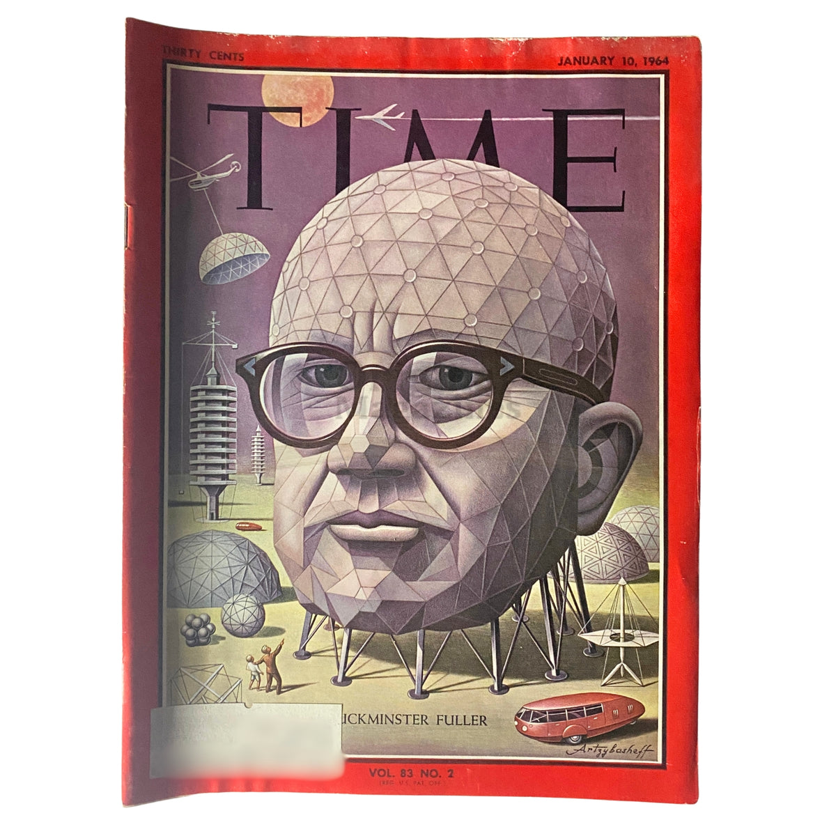 Cover of Time Magazine January 10, 1964, Vol 82 No. 2 featuring a stylized illustration of architect Buckminster Fuller with geometric structures in the background, highlighting Fuller's innovative design concepts.