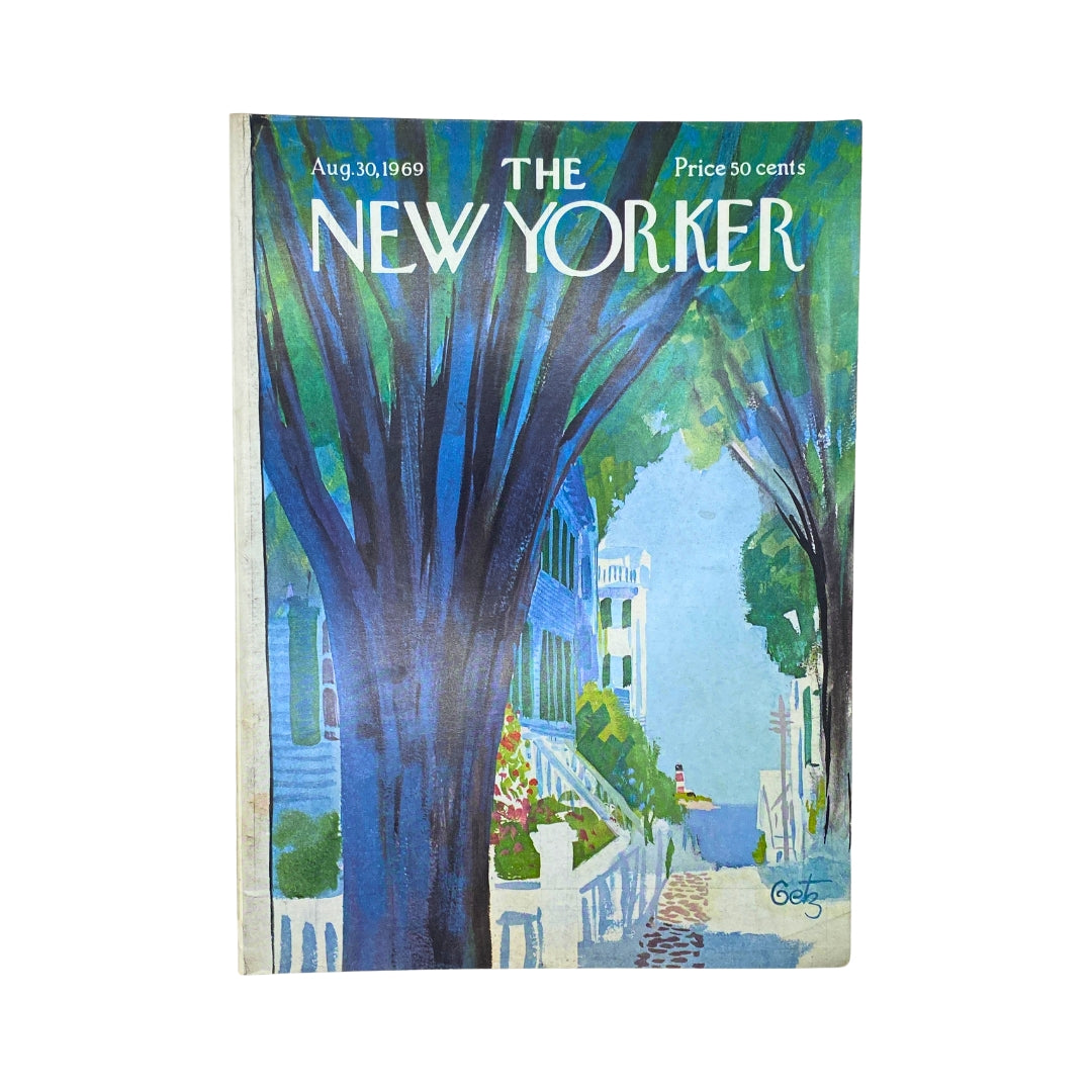 The New Yorker Complete Magazine August 30, 1969 featuring an Arthur Getz cover with lush trees and a picturesque street scene, showcasing vibrant colors typical of the late 1960s art style.