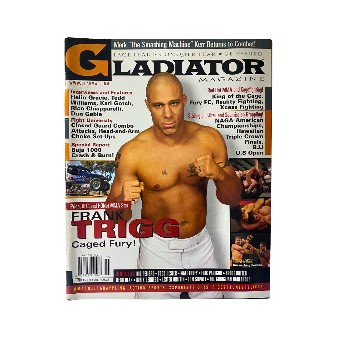 Gladiator Magazine Issue No. 5 featuring Frank Trigg on the cover, showcasing his fierce action pose and the tagline 'Caged Fury'.