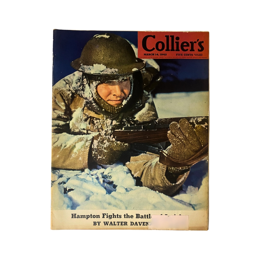 Cover of VTG Collier's Magazine from March 14, 1942 featuring a soldier in winter gear aiming a rifle, titled 'Hampton Fights the Battle of the Bulge' by Walter Davenport.