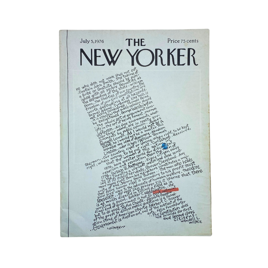 The New Yorker Complete Magazine July 5, 1976 featuring a cover design by Lou Myers, showcasing artistic text and a unique design.