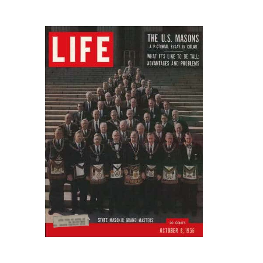 Cover of Life Magazine from October 8, 1956, featuring U.S. Masons with a large group portrait of state Masonic grand masters. The magazine highlights significant cultural themes and events of the 1950s era.