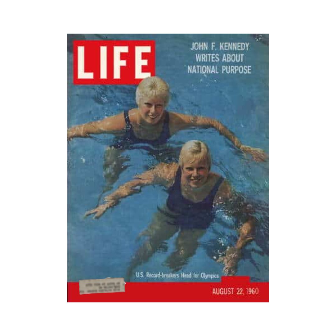 Vintage Life Magazine cover from August 22, 1960, featuring Olympic swimmers, highlighting their athleticism and the excitement of the 1960 Olympics. The issue also includes John F. Kennedy's commentary on national purpose.