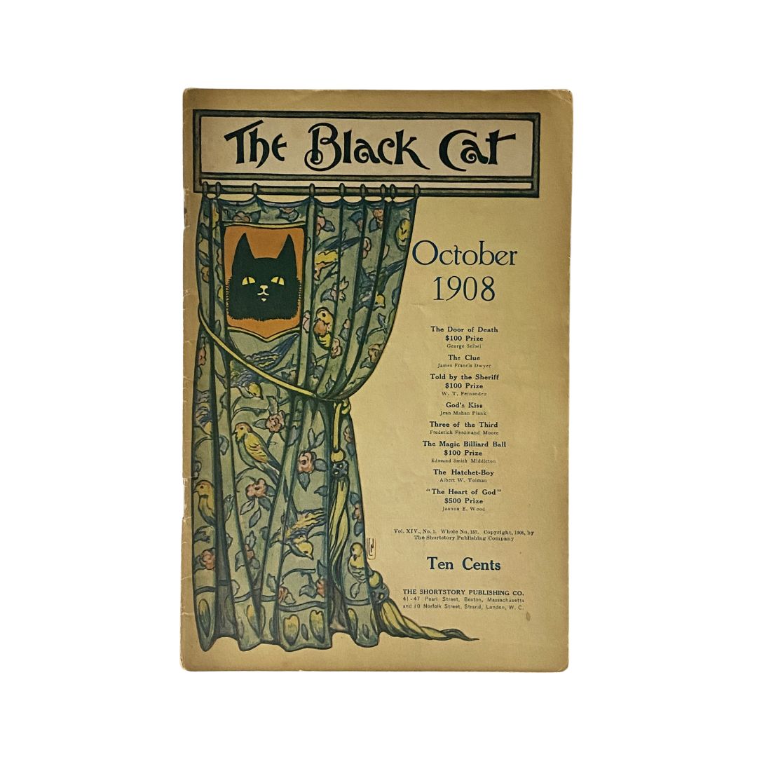 The Black Cat Magazine October 1908 cover featuring gothic artwork and a black cat behind curtains, showcasing the title and the featured story 'The Door of Death'. Collectible vintage magazine.