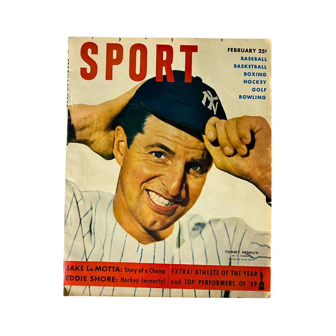 Cover of Sport Magazine February 1950 featuring New York Yankees star Tommy Henrich, showcasing his smile and wearing a Yankees cap, perfect for sports collectors.