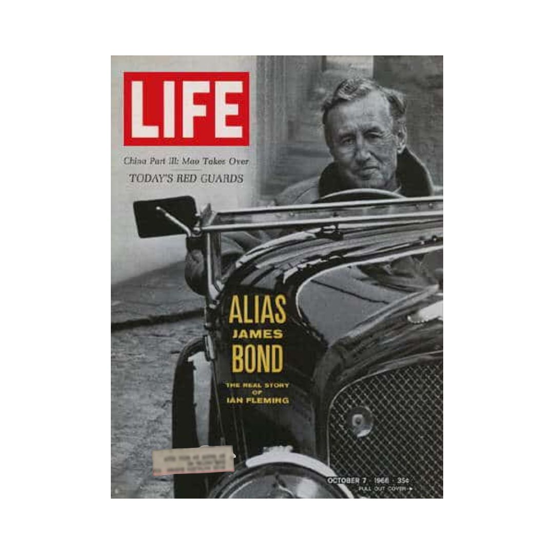 Cover of VTG Life Magazine from October 7, 1966 featuring James Bond 007 and the article 'The Real Story of Ian Fleming', showcasing a vintage style with a black and white photo of Ian Fleming near a classic car.