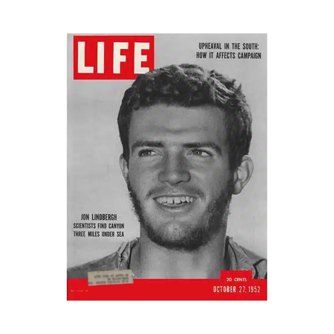 Cover of VTG Life Magazine October 27, 1952 featuring Jon Lindbergh and the headline on his undersea voyage, along with campaign topics.