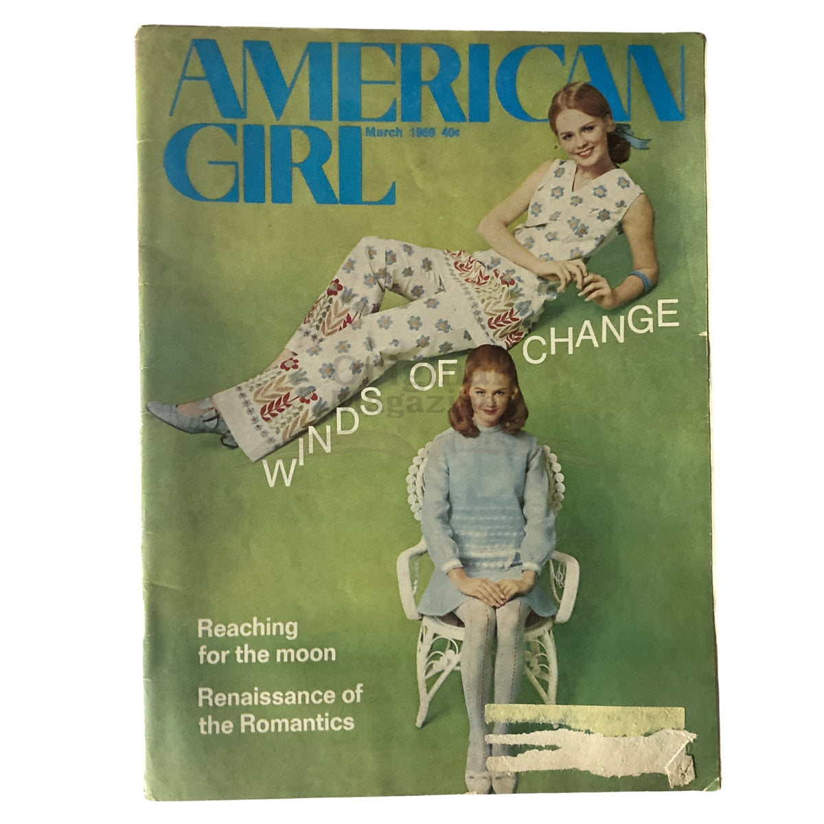 Cover of American Girl Magazine March 1969 titled 'Renaissance of the Romantics', featuring retro fashion styles with a background color and models styled in vintage clothing.