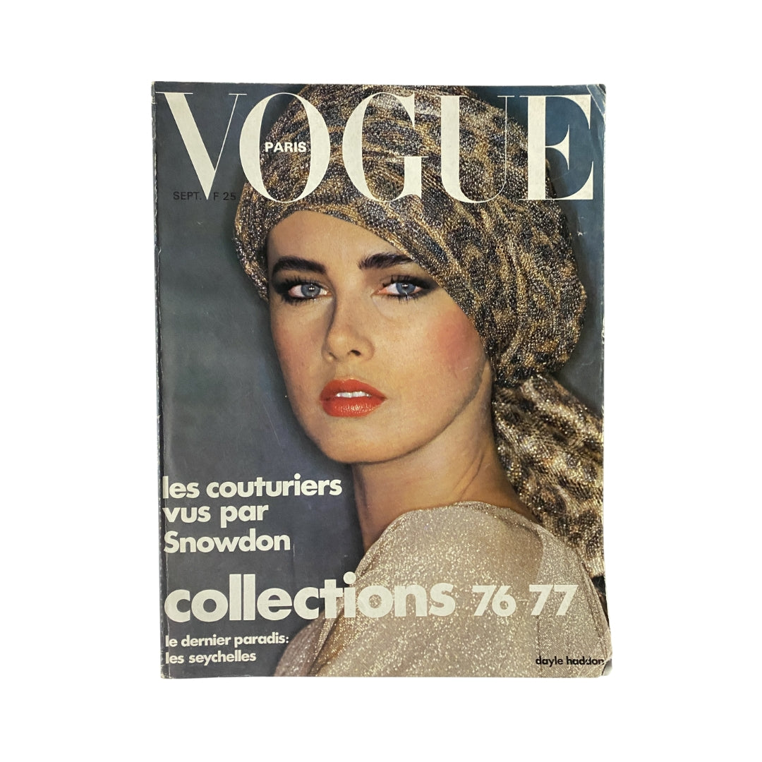 Vogue Paris Magazine September 1976 Dayle Haddon Cover featuring stunning fashion photography and design with a focus on 1970s couture.