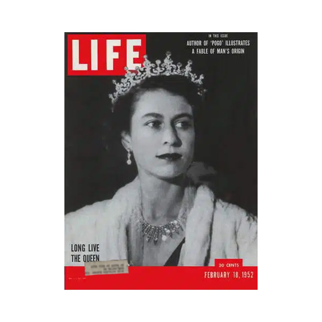 Cover of VTG Life Magazine February 18, 1952 featuring Queen Elizabeth II with the headline 'Long Live The Queen', showcasing a classic black and white portrait of the monarch adorned in elegant jewelry and attire.