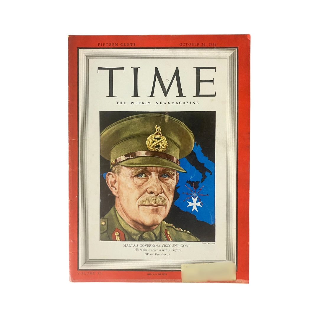 Vintage Time Magazine cover from October 26, 1942, featuring Malta's Governor Viscount Gort against a backdrop of Malta's map, showcasing a significant historical moment during World War II.