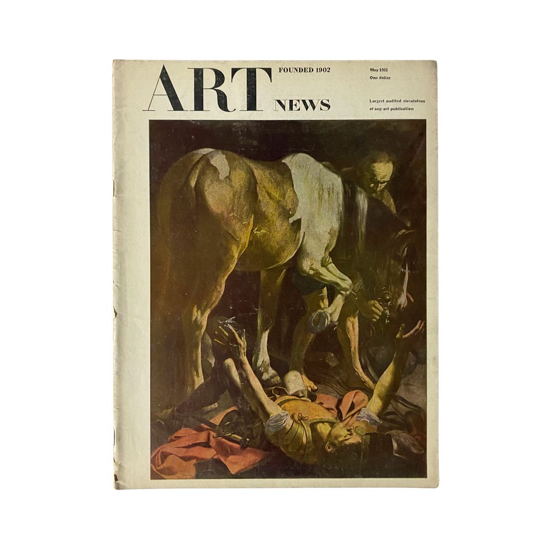 Cover image of the VTG Art News Magazine May 1955, featuring an introduction to Caravaggio, showcasing a classic art piece with dramatic lighting and figures, perfect for art enthusiasts and collectors.