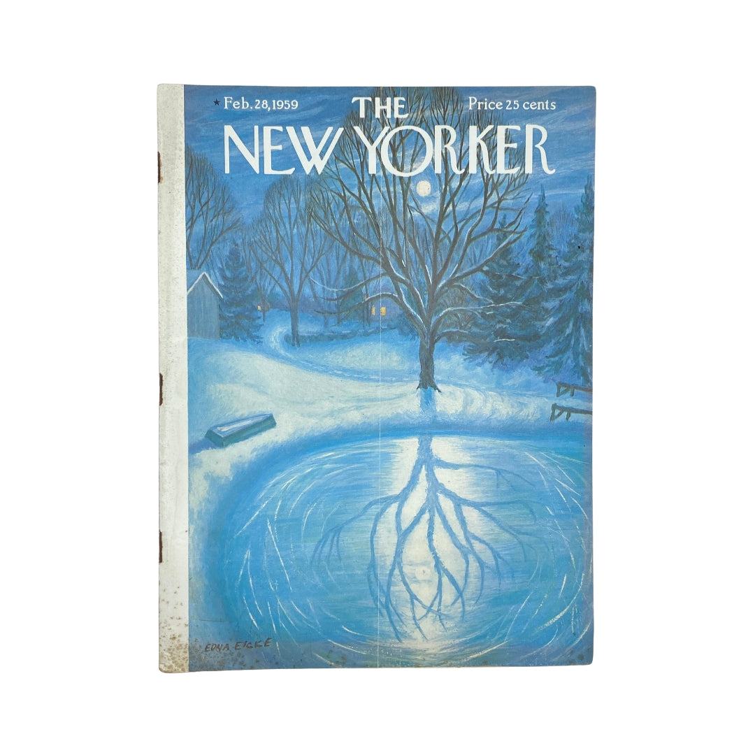 Cover of The New Yorker magazine from February 28, 1959 featuring artwork by Edna Eicke, depicting a snowy landscape with a tree reflecting in a pond.