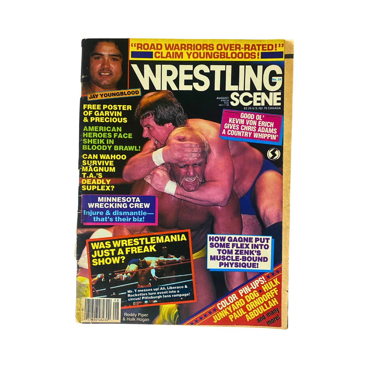 VTG Wrestling Scene Magazine June 1985 featuring Hulk Hogan and Roddy Piper on the cover, showcasing 1980s wrestling culture.