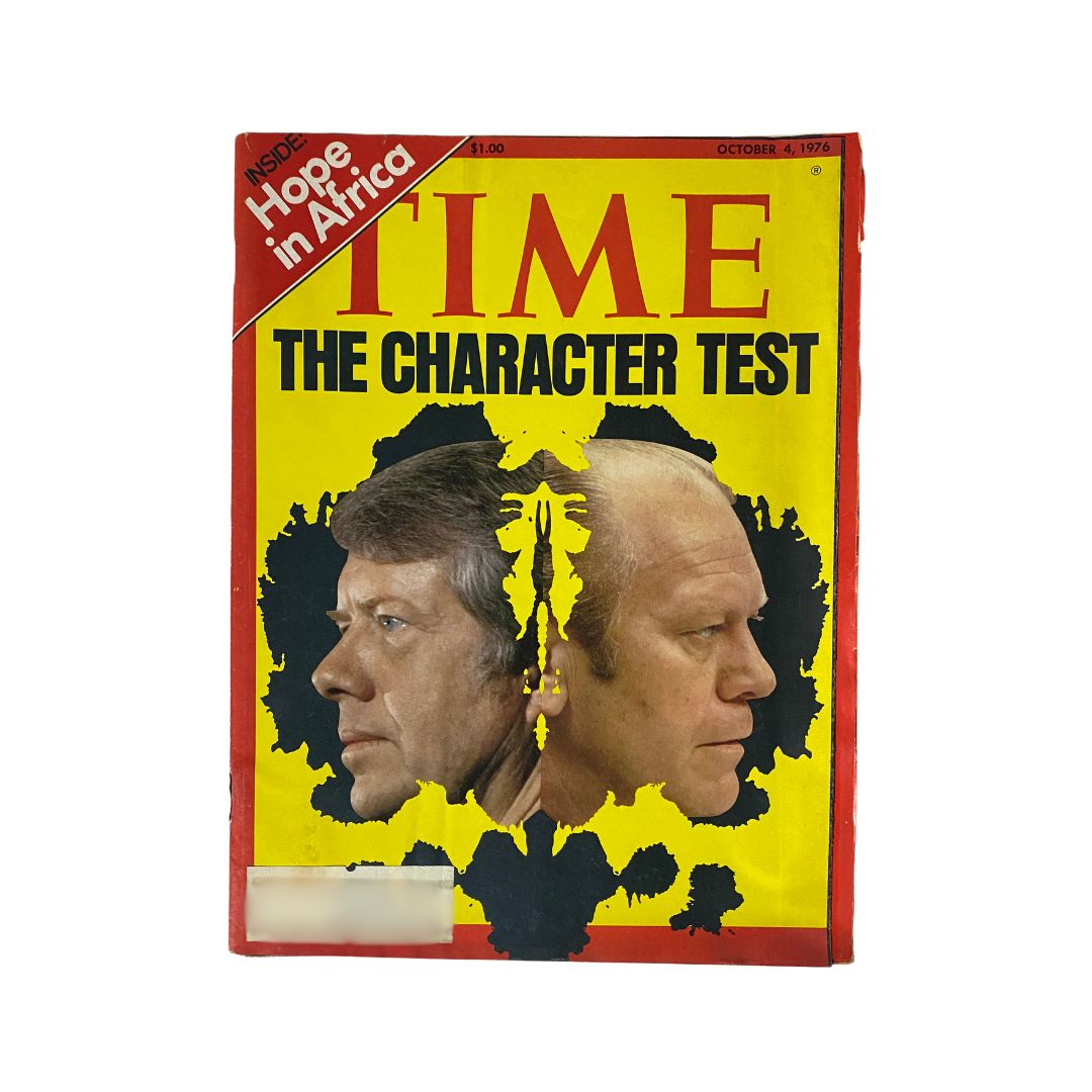 VTG Time Magazine October 4, 1976 featuring presidential candidates Jimmy Carter and Gerald Ford on the cover, with bold yellow and red design. The cover highlights the theme 'The Character Test'.