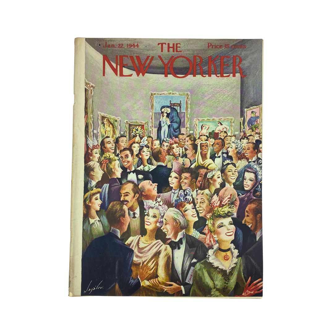 Cover of The New Yorker magazine from January 22, 1944, illustrated by Constantin Alajalov, showcasing a vibrant social scene with elegantly dressed attendees.