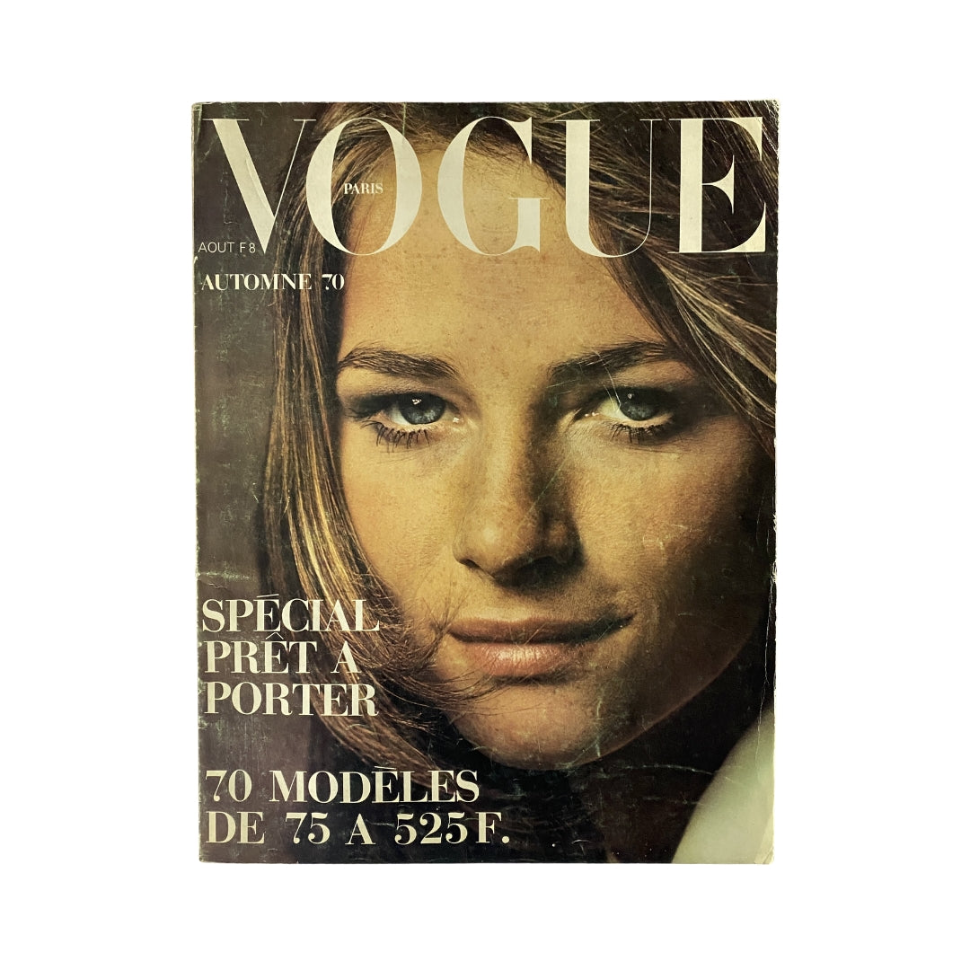 Cover of Vogue Paris Magazine August 1970 featuring Charlotte Rampling. The cover showcases her iconic beauty alongside the text 'SPÉCIAL PRÊT À PORTER' and highlights the fall fashion theme.