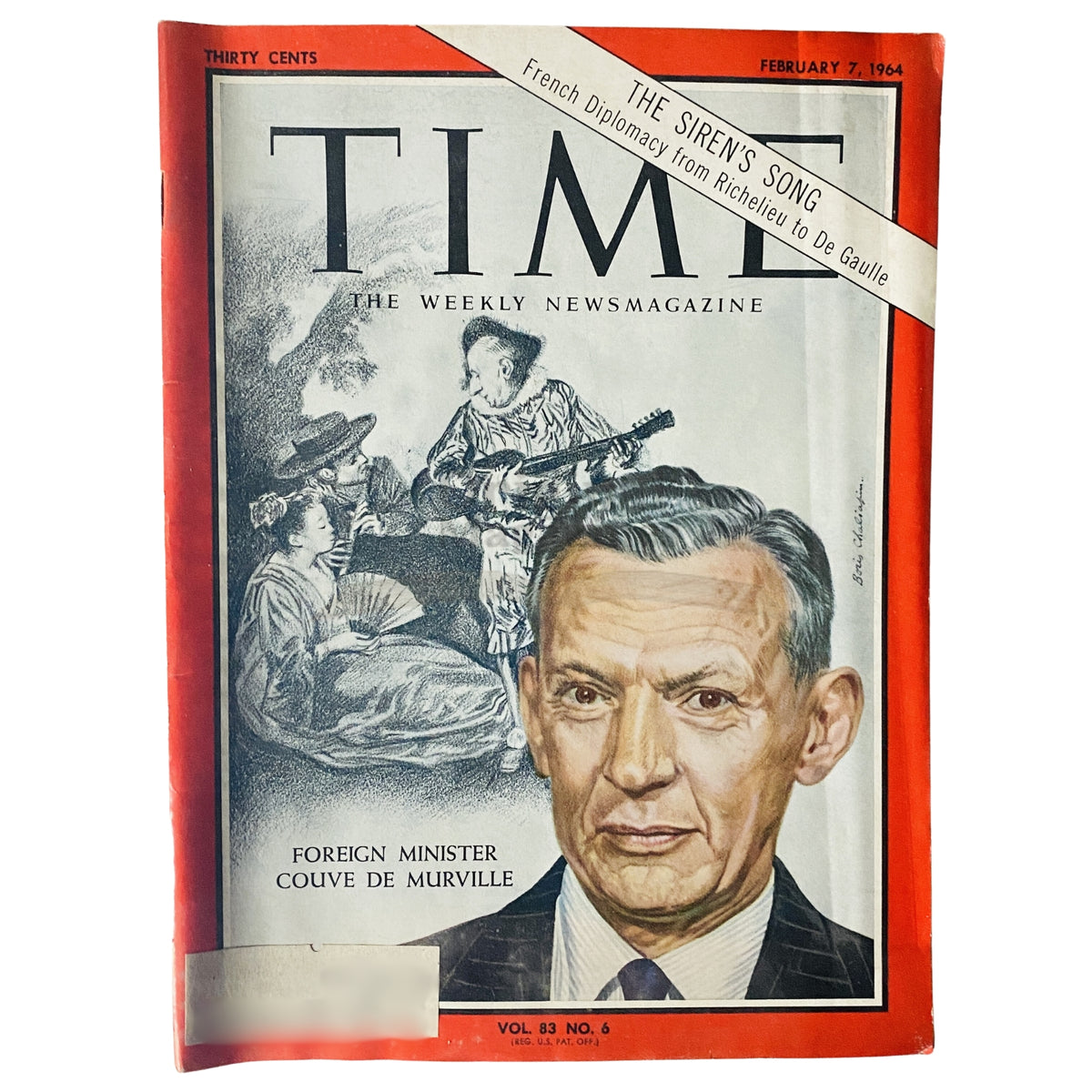 Time Magazine February 7 1964 Vol 83 No. 6 featuring Foreign Minister Couve De Murville on the cover, showcasing a vintage illustration style with political themes of the 1960s.