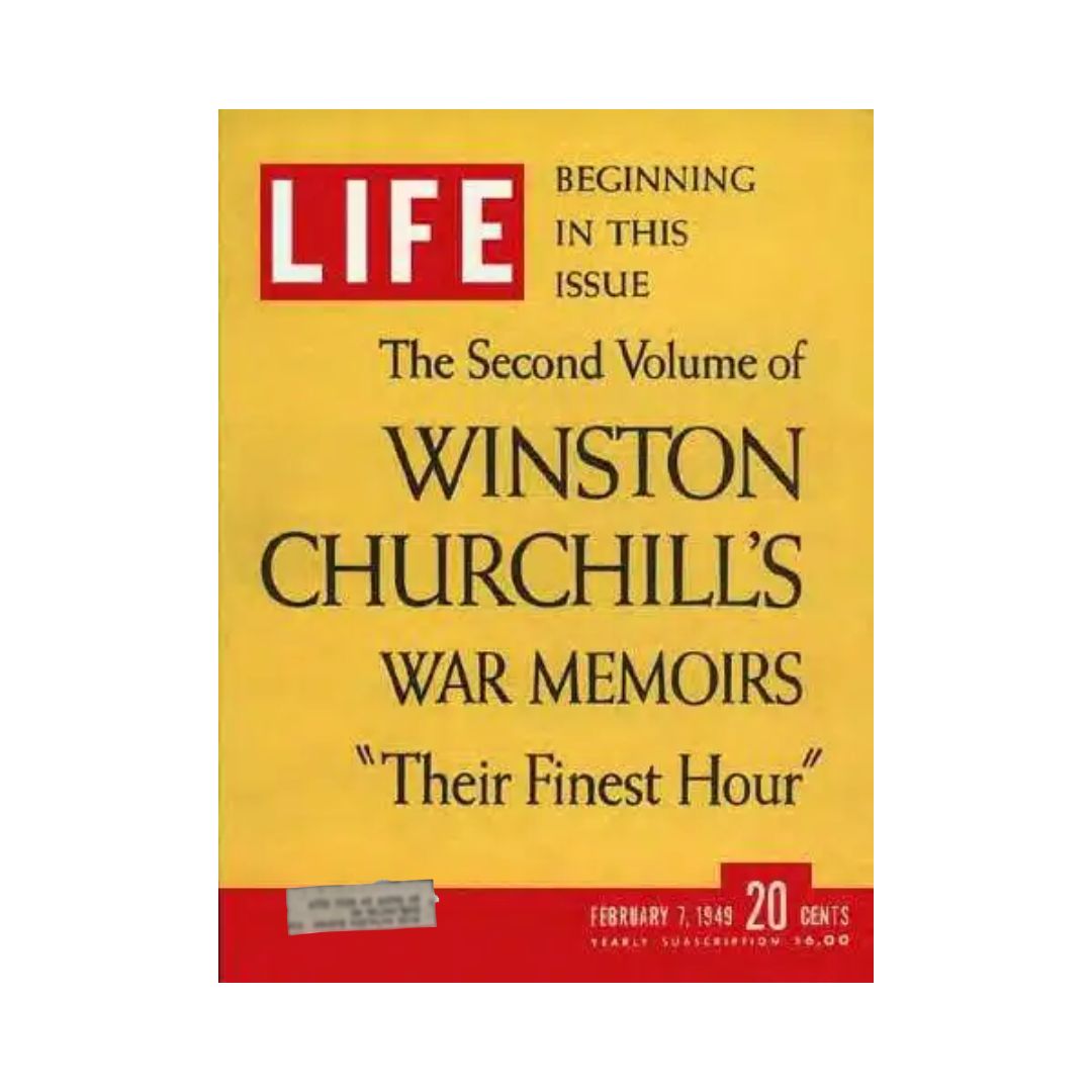 Cover of VTG Life Magazine February 7, 1949 featuring Winston Churchill's War Memoirs - Volume II, Part 1. The magazine title is highlighted in red against a yellow background, showcasing historical significance.