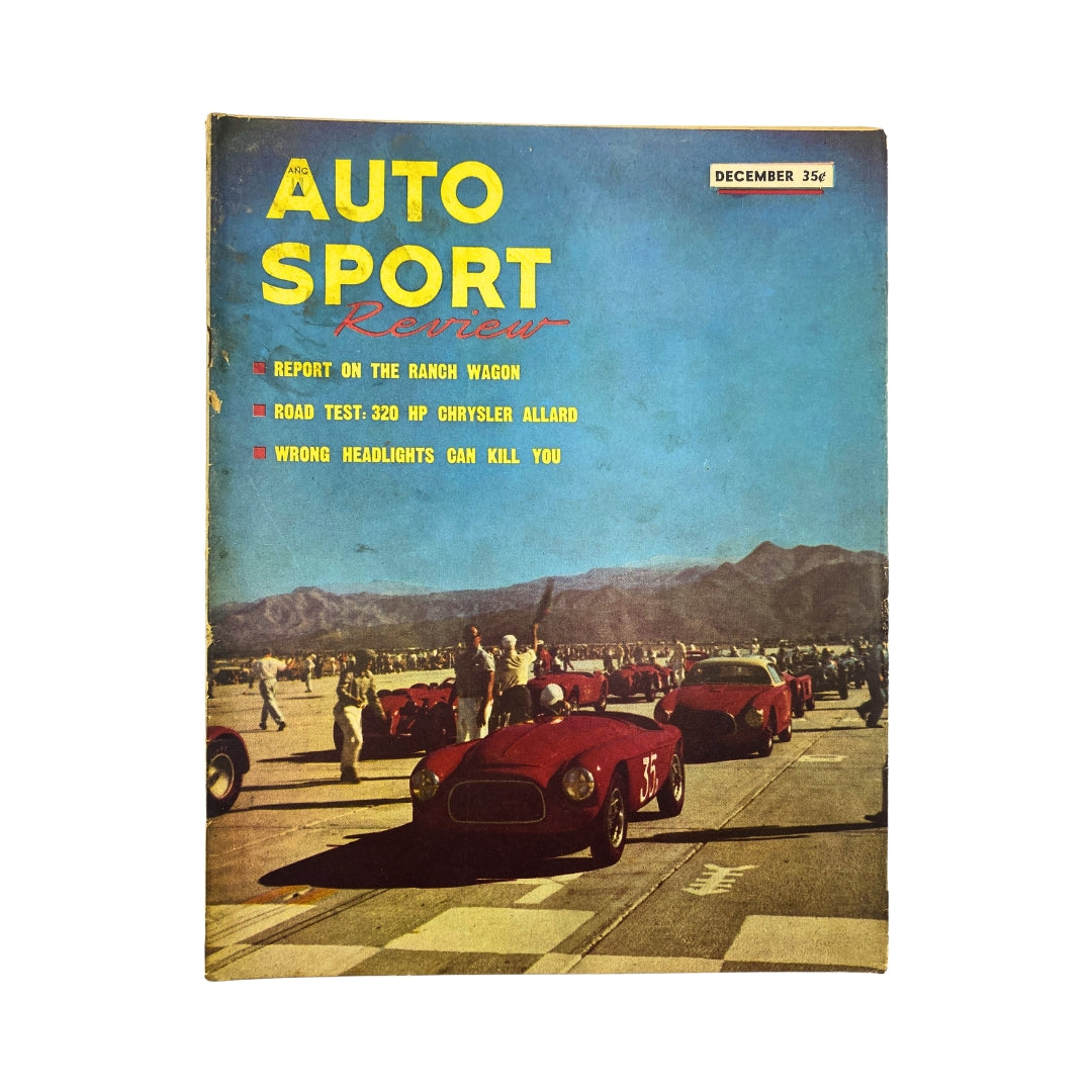 Cover of the December 1953 edition of VTG Auto Sport Review Magazine featuring a report on the Ranch Wagon, highlights of a road test for the 320 HP Chrysler Allard, and a warning about wrong headlights. The cover displays a vibrant scene with multiple red sports cars on a racetrack under a blue sky.