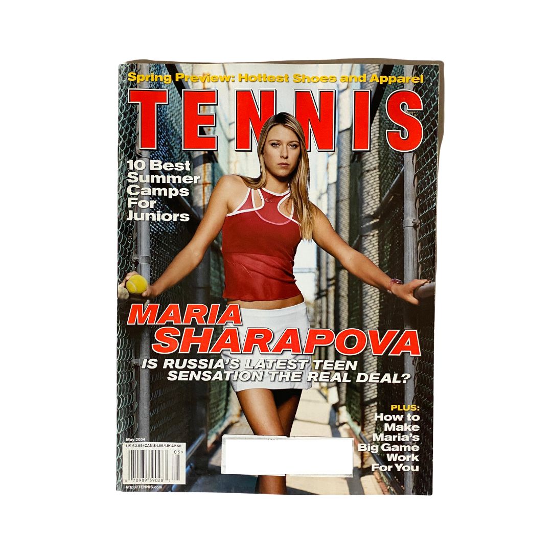 Cover of Tennis Magazine May 2004 featuring Maria Sharapova, spotlighting her as Russia's latest teen tennis sensation.