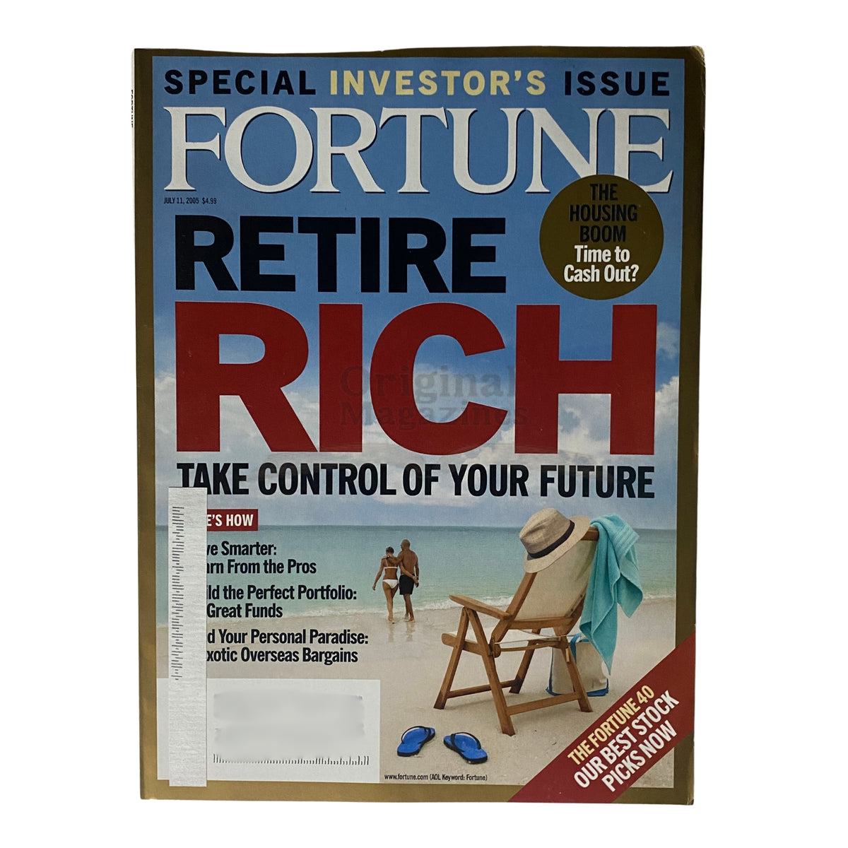 Cover of Fortune Magazine dated July 11, 2005, featuring the title "Retire Rich: Take Control of Your Future," showcasing a beach scene and relaxation themes.