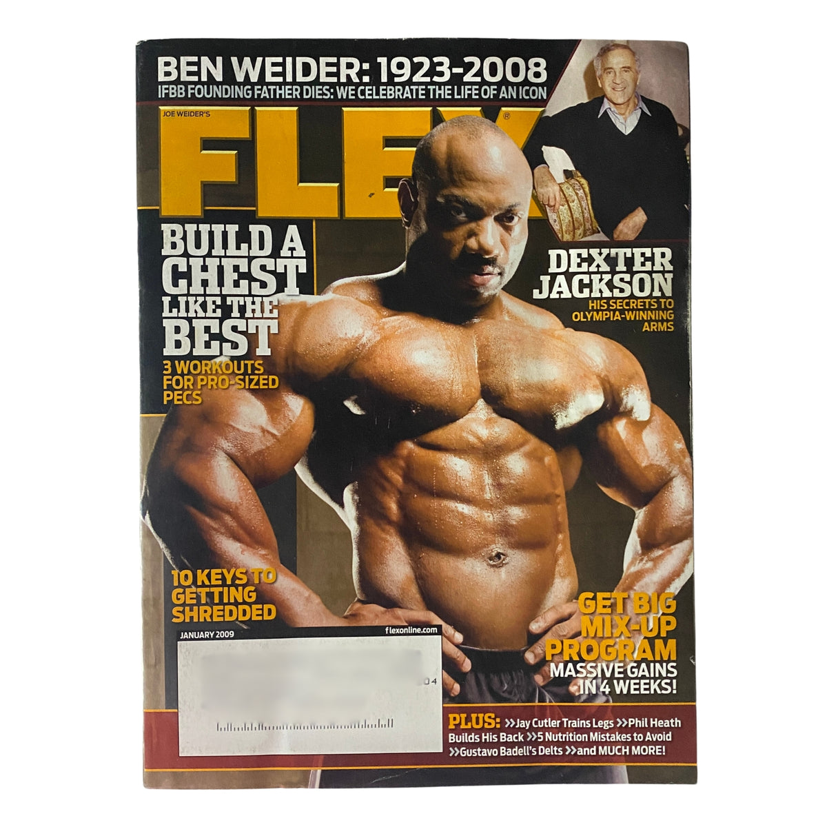 Cover of Flex Magazine January 2009, Volume 26, Number 11, featuring bodybuilder Dexter Jackson and a tribute to Ben Weider, showcasing bodybuilding history and insights into the sport.