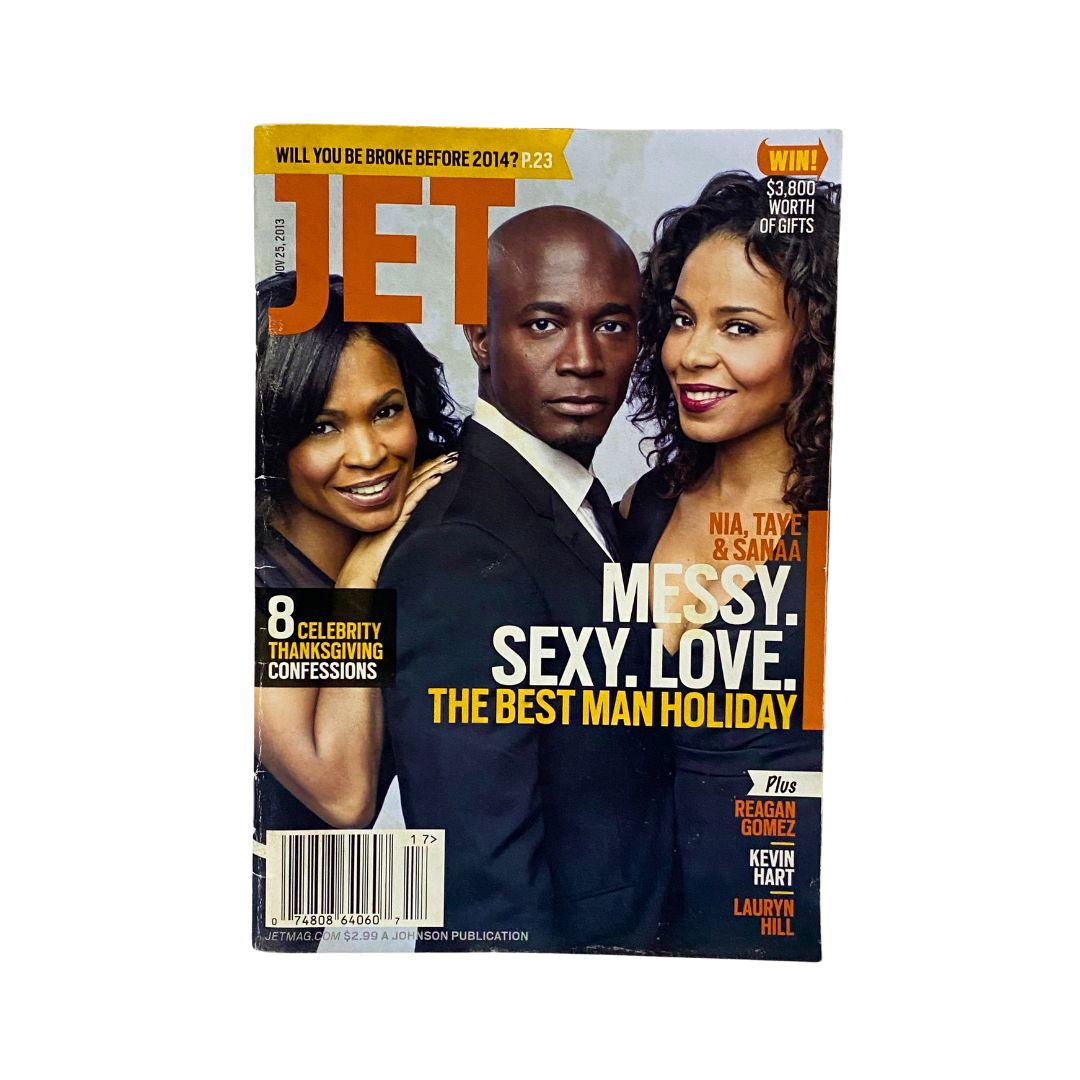 Cover of Jet Magazine November 25, 2013 featuring Nia Long, Taye Diggs, and Sanaa Lathan, showcasing the theme 'Messy, Sexy, Love: The Best Man Holiday' with prominent celebrities and cultural commentary.