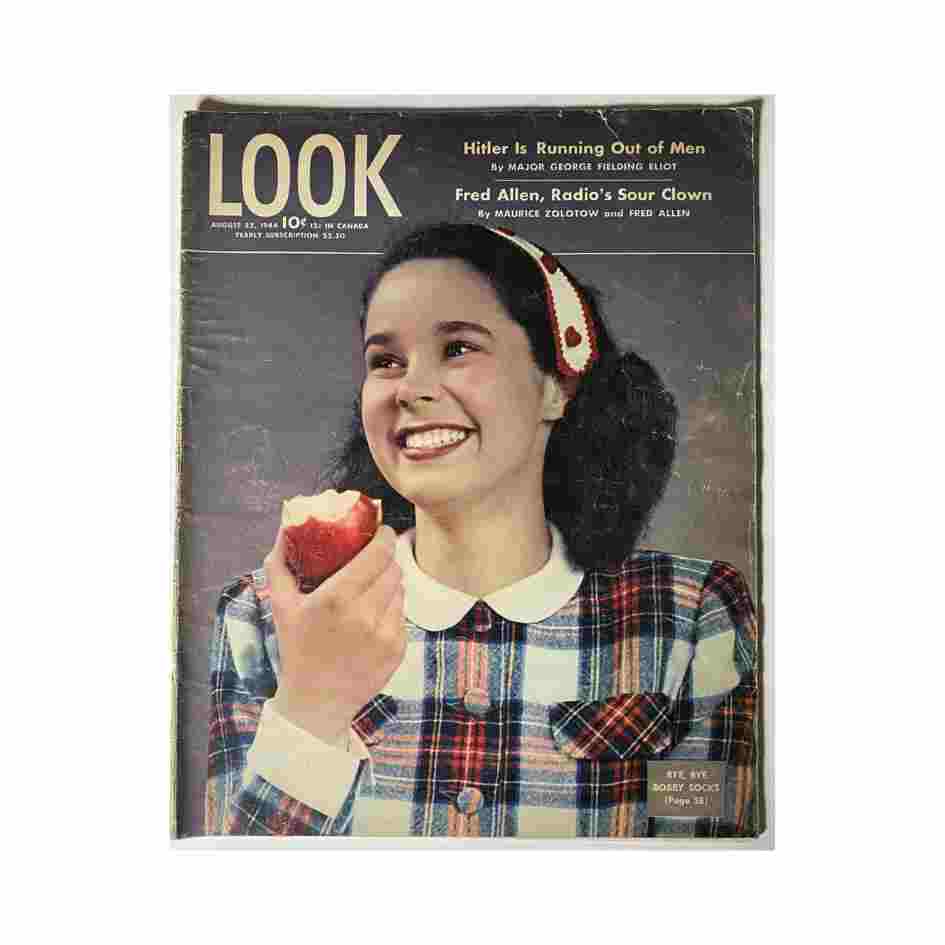 Cover of VTG Look Magazine, August 22, 1944, featuring a smiling girl holding an apple, with a headline about World War II and mentions of Fred Allen and other notable figures.