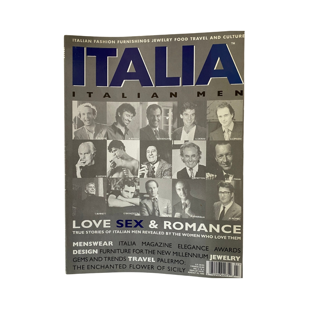 Italia Magazine August 1999 A Tribute to Joe DiMaggio No Label VG, showcasing a collage of prominent Italian men in fashion and culture.