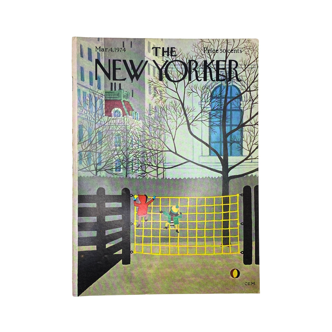 The New Yorker Complete Magazine March 4, 1974 featuring a Charles E. Martin cover illustration of children playing, showcasing vibrant colors and urban scenery.