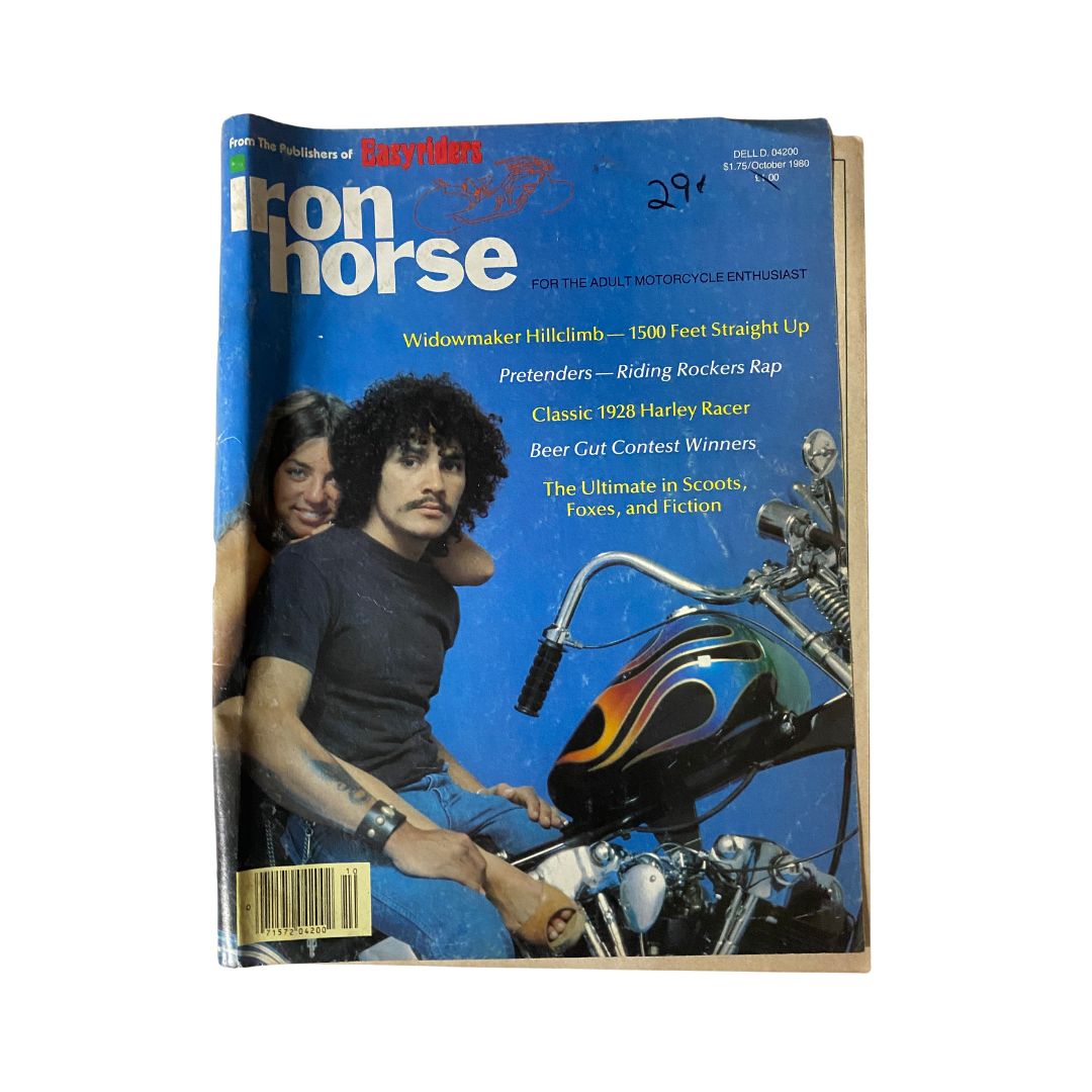 Cover of Vintage Iron Horse Magazine October 1980 featuring the Widowmaker Hillclimb, showcasing a motorcycle and two people, highlighting iconic motorcycle culture.