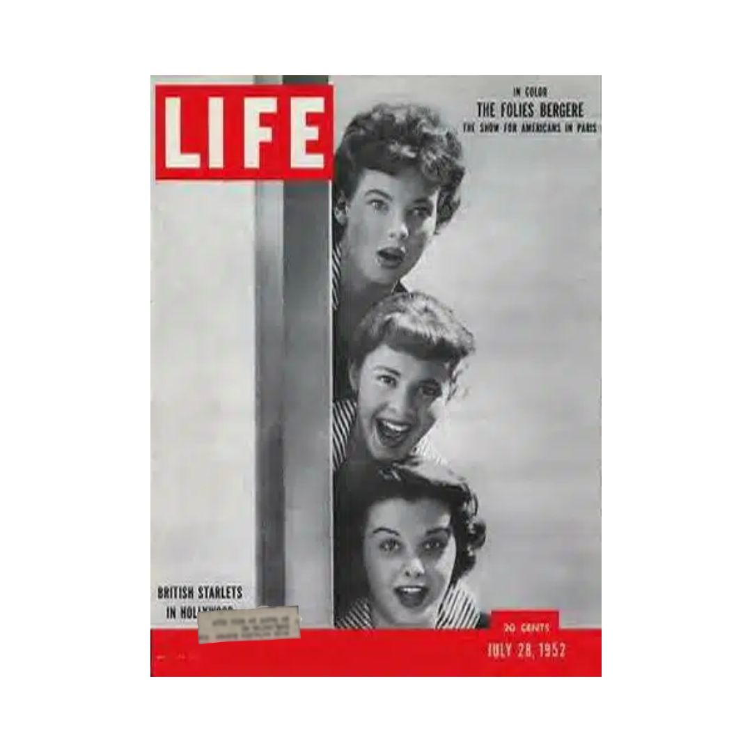 Vintage Life Magazine cover from July 28, 1952 featuring British Starlets in Hollywood, showcasing stunning images of three women peeking from behind a panel, reflecting the glamour of Hollywood's British stars.