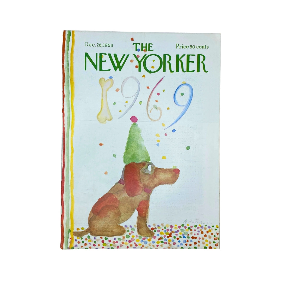 Cover of The New Yorker magazine, December 28, 1968, featuring an illustration of a dog with a festive hat and colorful confetti, titled 'The New Yorker Complete Magazine December 28, 1968 Andrei Francoi Cover No Label'.