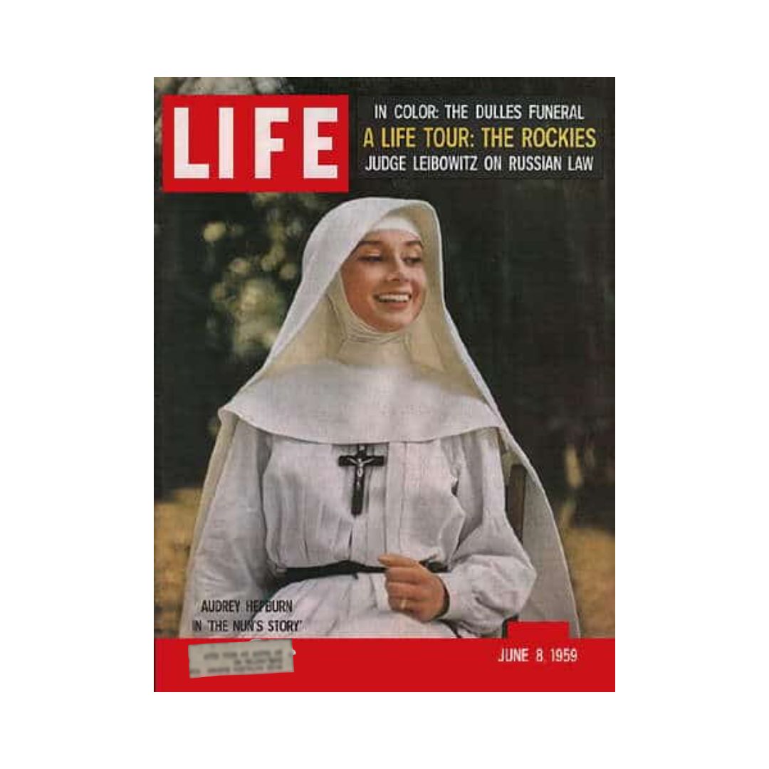 Cover of Life Magazine dated June 8, 1959 featuring Audrey Hepburn in her role from The Nun’s Story, showcasing her in a nun's habit with a serene expression.