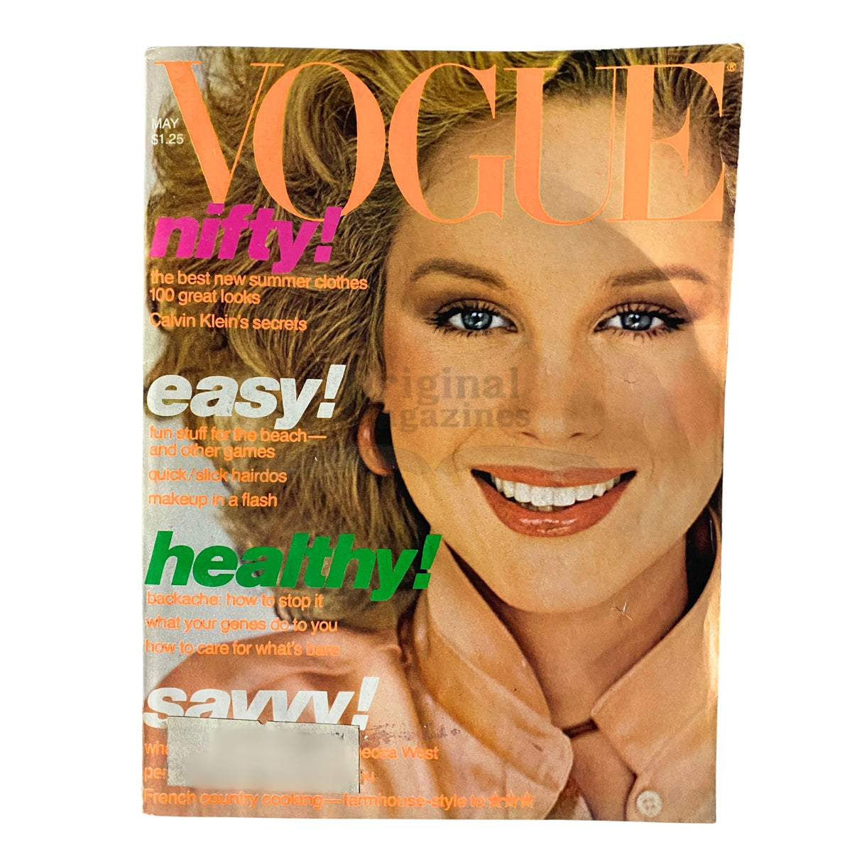 Vogue Magazine May 1977 cover featuring Rosie Vela with vibrant colors and bold headlines highlighting fashion tips and health advice.