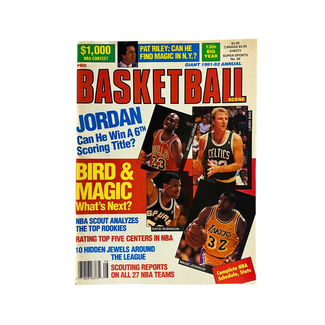 Pro Basketball Scene Magazine 1991-1992 featuring Michael Jordan and Larry Bird on the cover, highlighting basketball legends and iconic rivalry in NBA history.