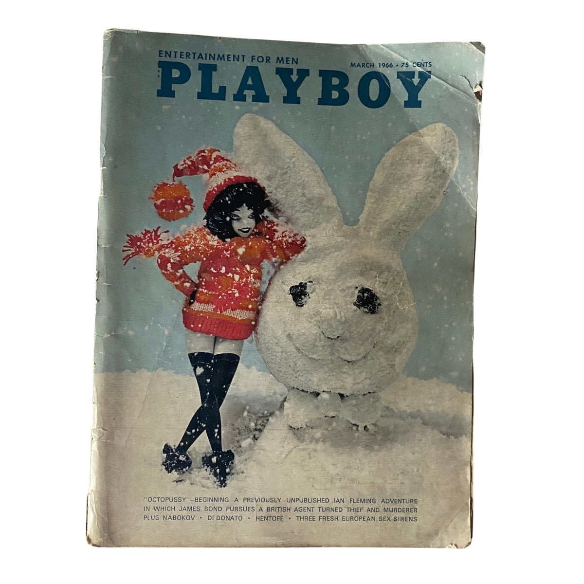 Cover of Playboy Magazine March 1966 featuring Priscilla Wright as centerfold and a playful snow bunny figure, showcasing vintage pop culture from the 1960s.