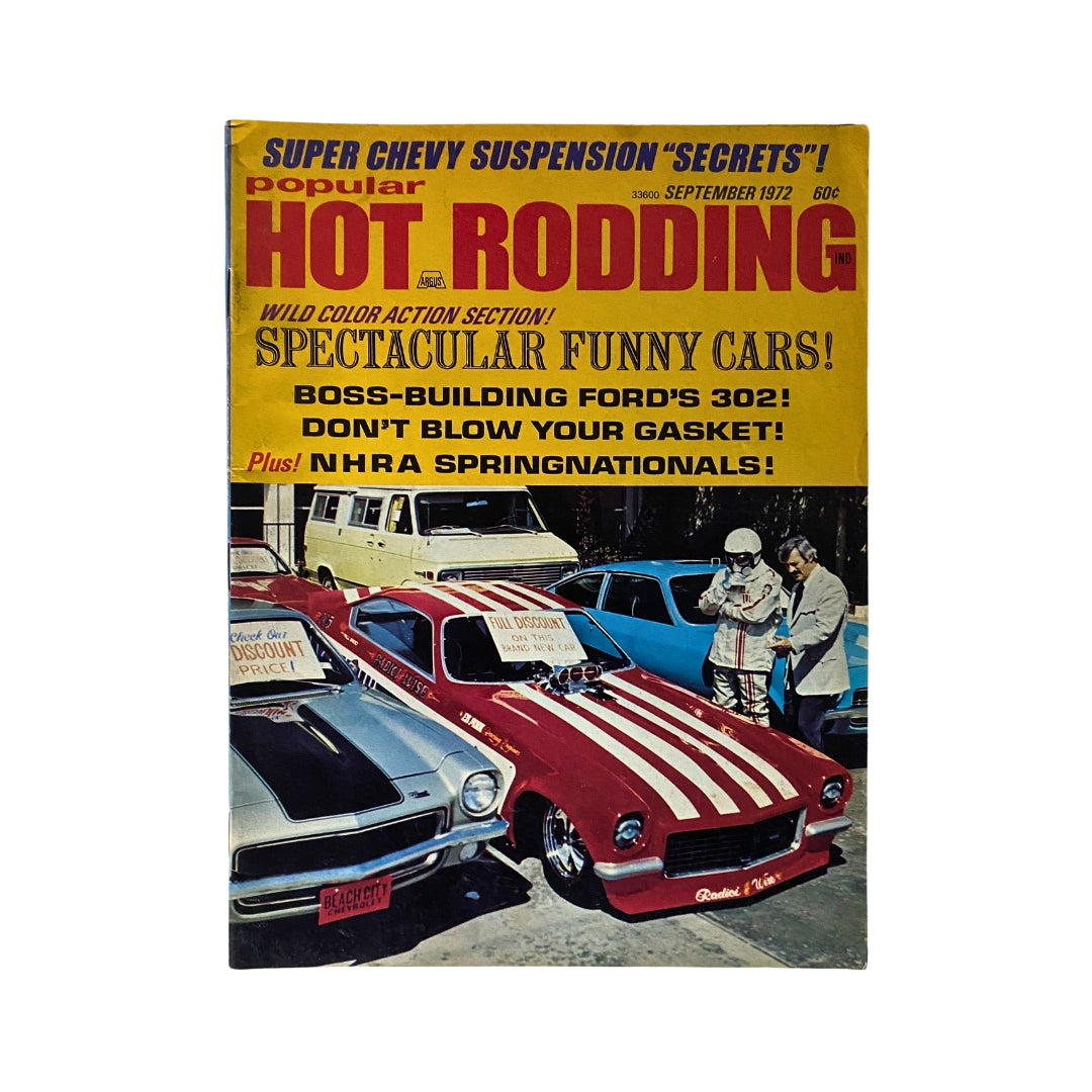 Cover of Popular Hot Rodding Magazine from September 1972 featuring Boss-Building Ford's 302 and showcasing funny cars at NHRA Springnationals.