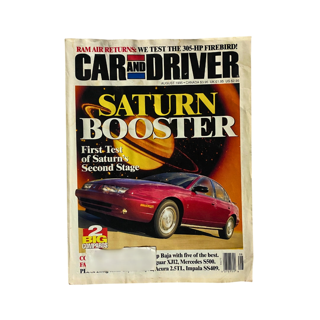 Cover of Car and Driver Magazine, August 1995 featuring the Saturn SL2, showcasing a first test of Saturn's second stage development.