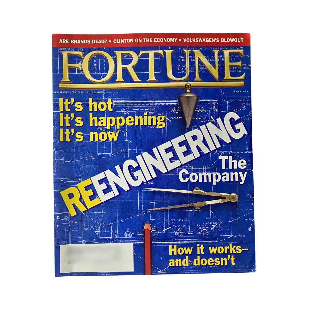 Cover of Fortune Magazine, August 23, 1993, featuring the theme 'Reengineering The Company' with a blue background and graphics highlighting corporate innovation.